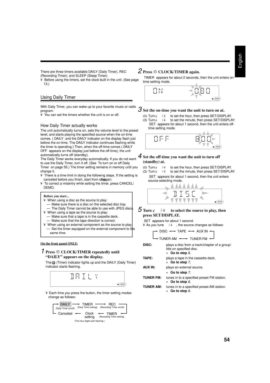 JVC CA-HXZ55D, GVT0119-001C, CA-HXZ77D manual Using Daily Timer, Press CLOCK/TIMER again, How Daily Timer actually works 