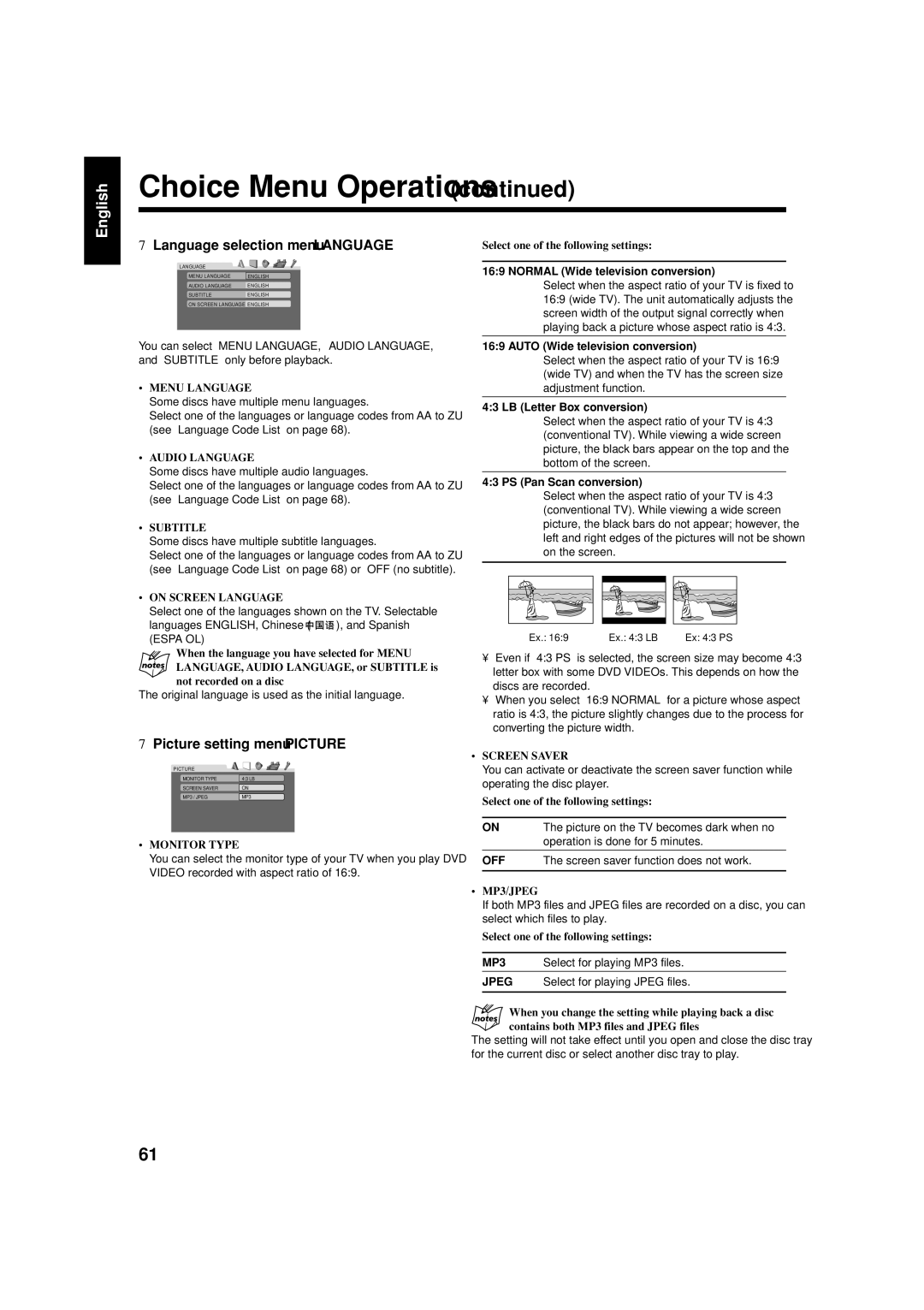 JVC GVT0119-001C, CA-HXZ77D, CA-HXZ55D manual Picture setting menu-PICTURE, MP3 