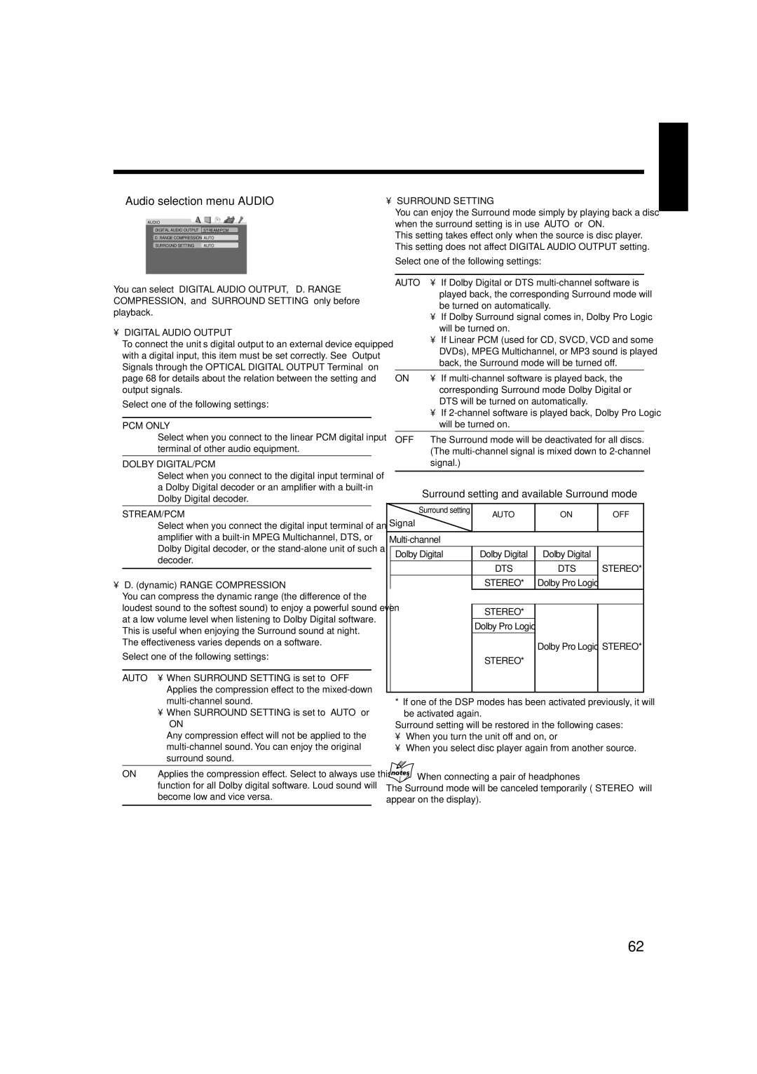 JVC CA-HXZ77D, GVT0119-001C, CA-HXZ55D manual Audio selection menu-AUDIO, PCM only, Dolby DIGITAL/PCM, Stream/Pcm 