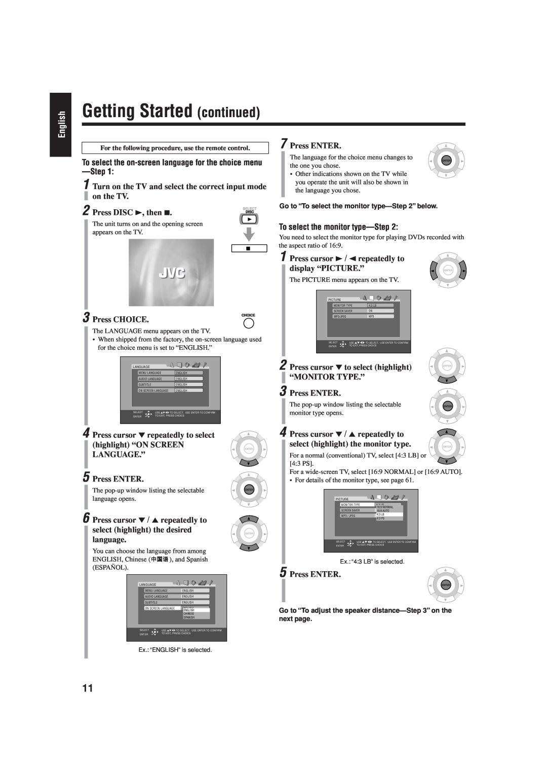 JVC CA-HXZ77D manual Press ENTER, Press DISC 3, then, Press CHOICE, To select the monitor type, Getting Started continued 