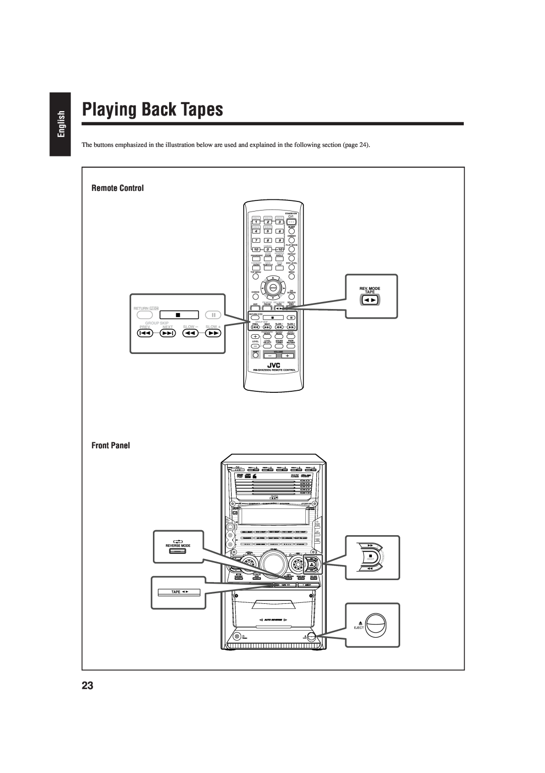 JVC CA-HXZ77D, GVT0119-001C, CA-HXZ55D manual Playing Back Tapes, English, Front Panel, Remote Control 