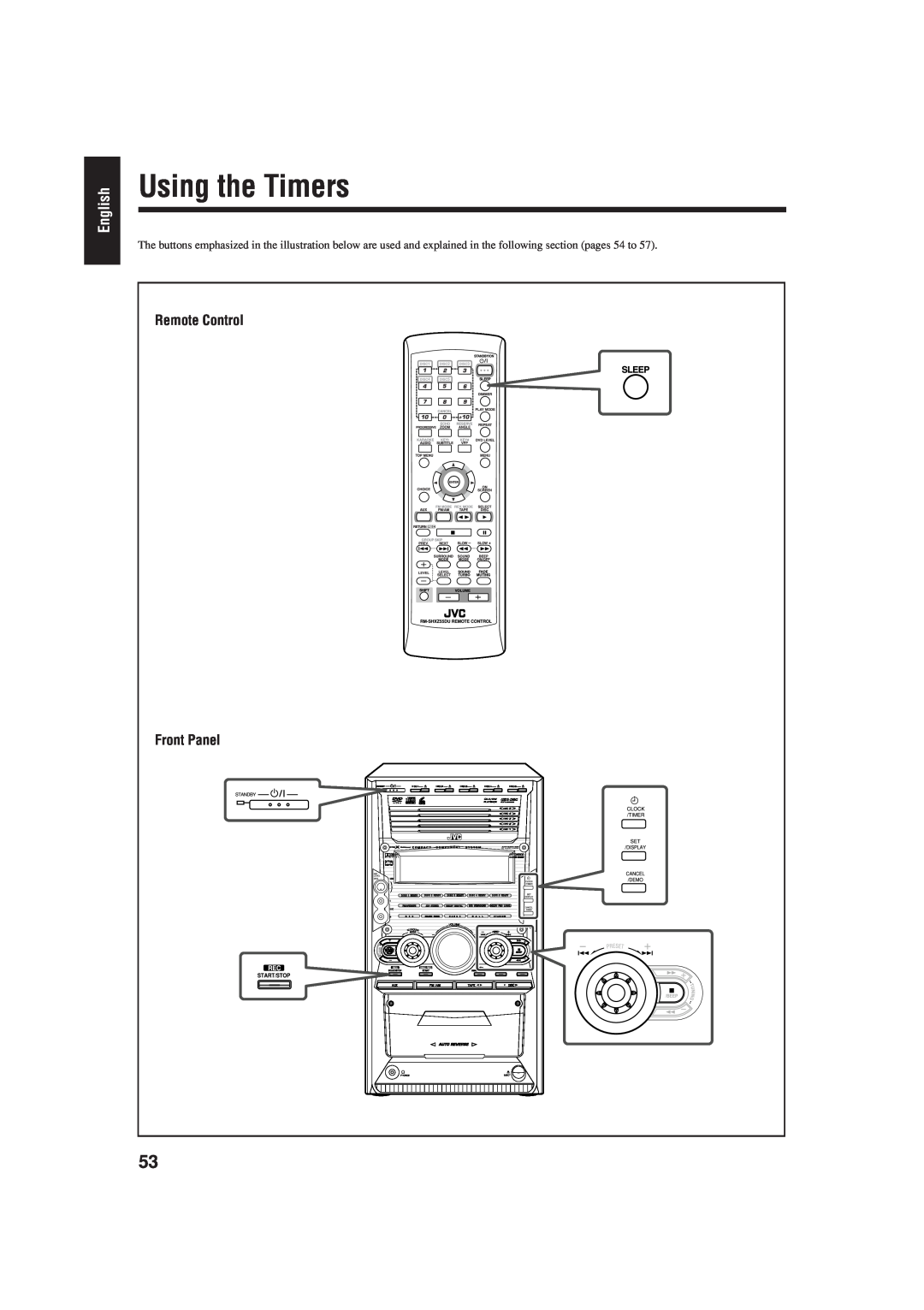 JVC CA-HXZ77D, GVT0119-001C, CA-HXZ55D manual Using the Timers, English, Front Panel, Remote Control 