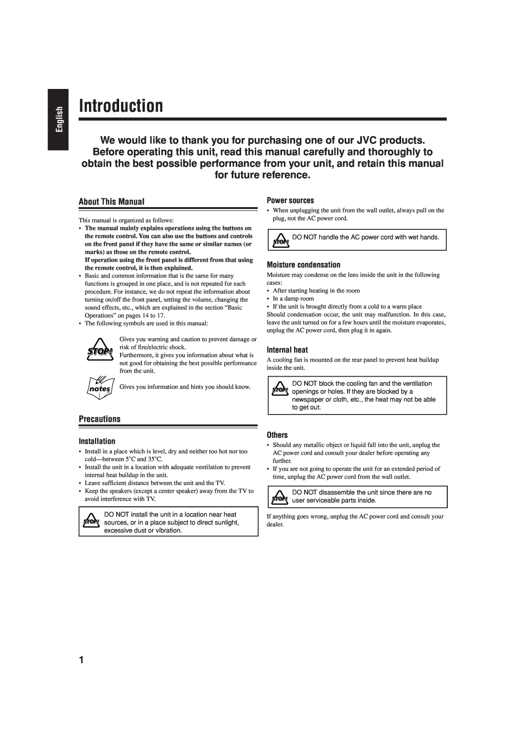 JVC GVT0119-001C Introduction, About This Manual, Precautions, Power sources, Moisture condensation, Internal heat, Others 