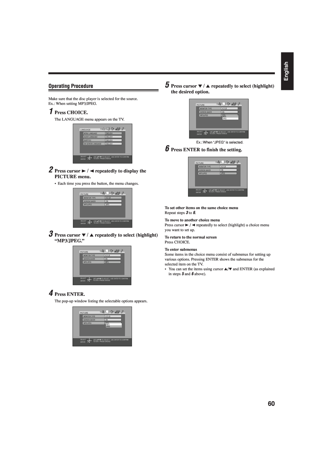 JVC CA-HXZ55D Operating Procedure, Press CHOICE, Press cursor 3 / 2 repeatedly to display the, PICTURE menu, Press ENTER 