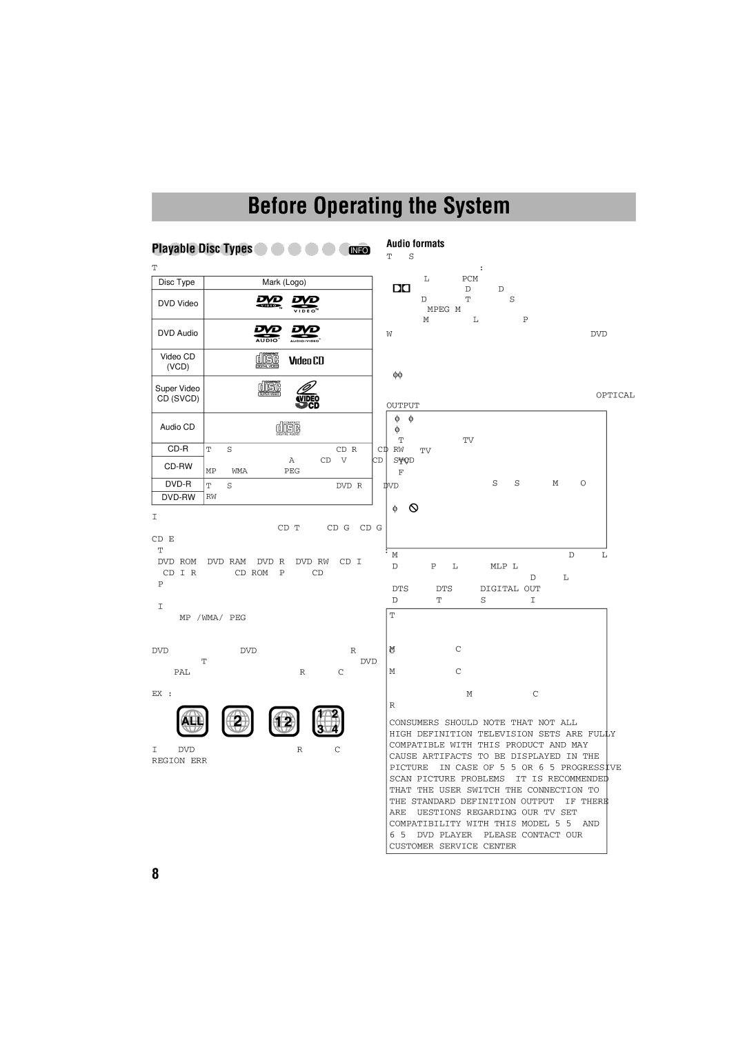 JVC GVT0125-003A manual Before Operating the System, Playable Disc Types, Audio formats 