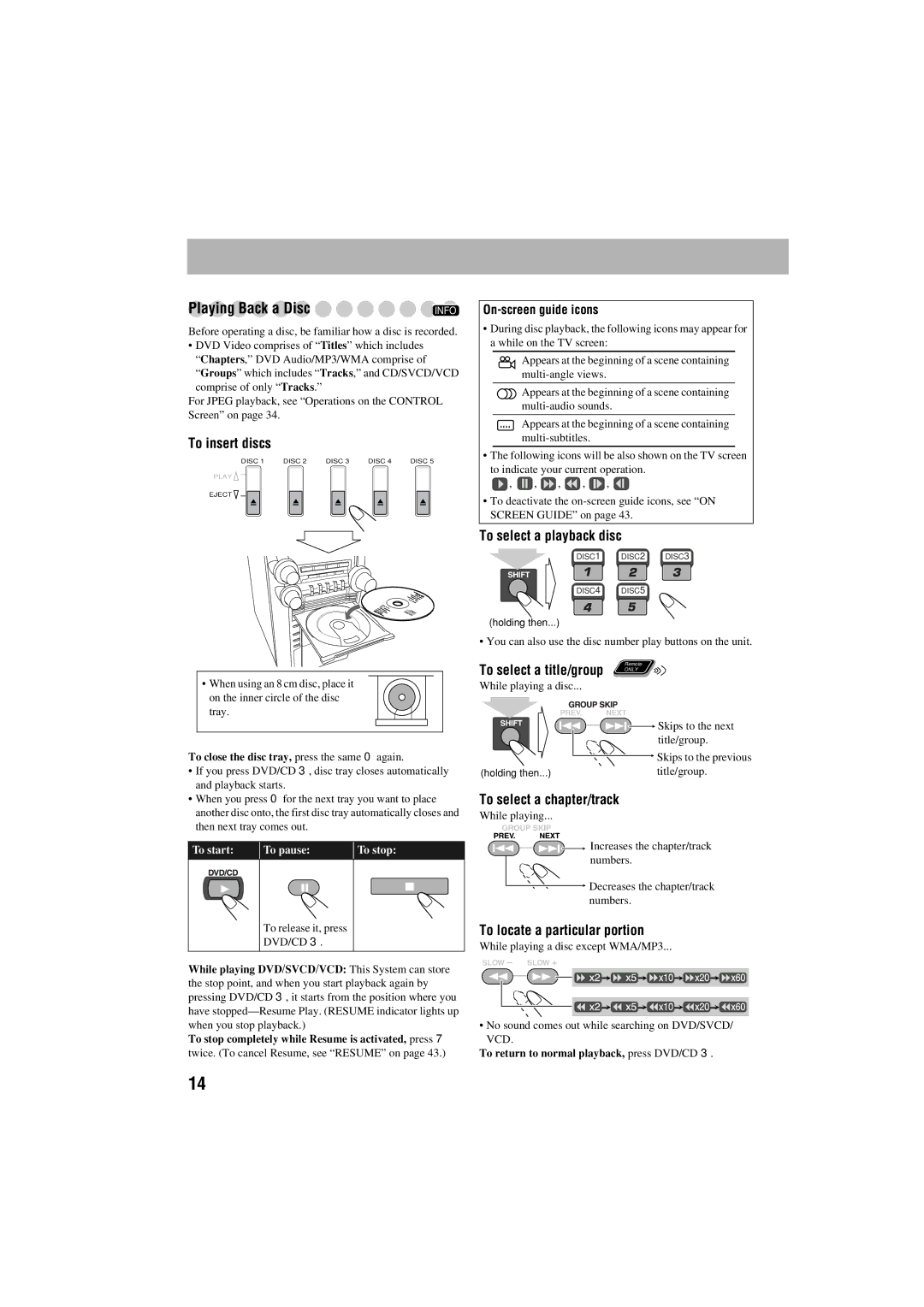 JVC GVT0125-003A manual Playing Back a Disc, To insert discs, To select a playback disc, To select a chapter/track 