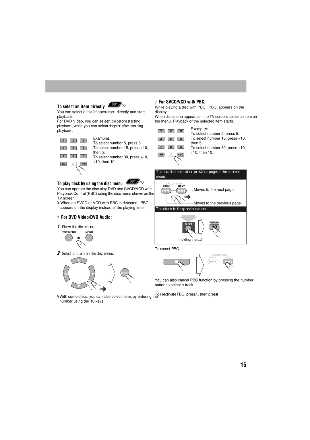 JVC GVT0125-003A manual For SVCD/VCD with PBC, For DVD Video/DVD Audio, To select an item directly 