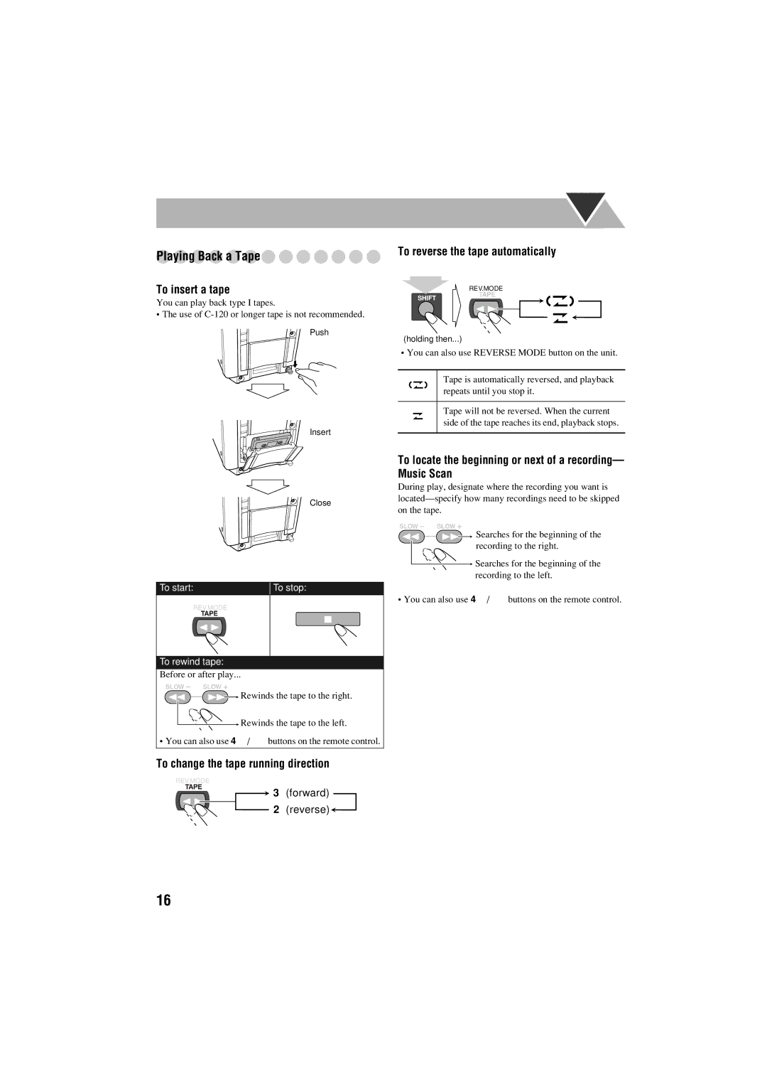 JVC GVT0125-003A manual Playing Back a Tape, To insert a tape, To change the tape running direction 