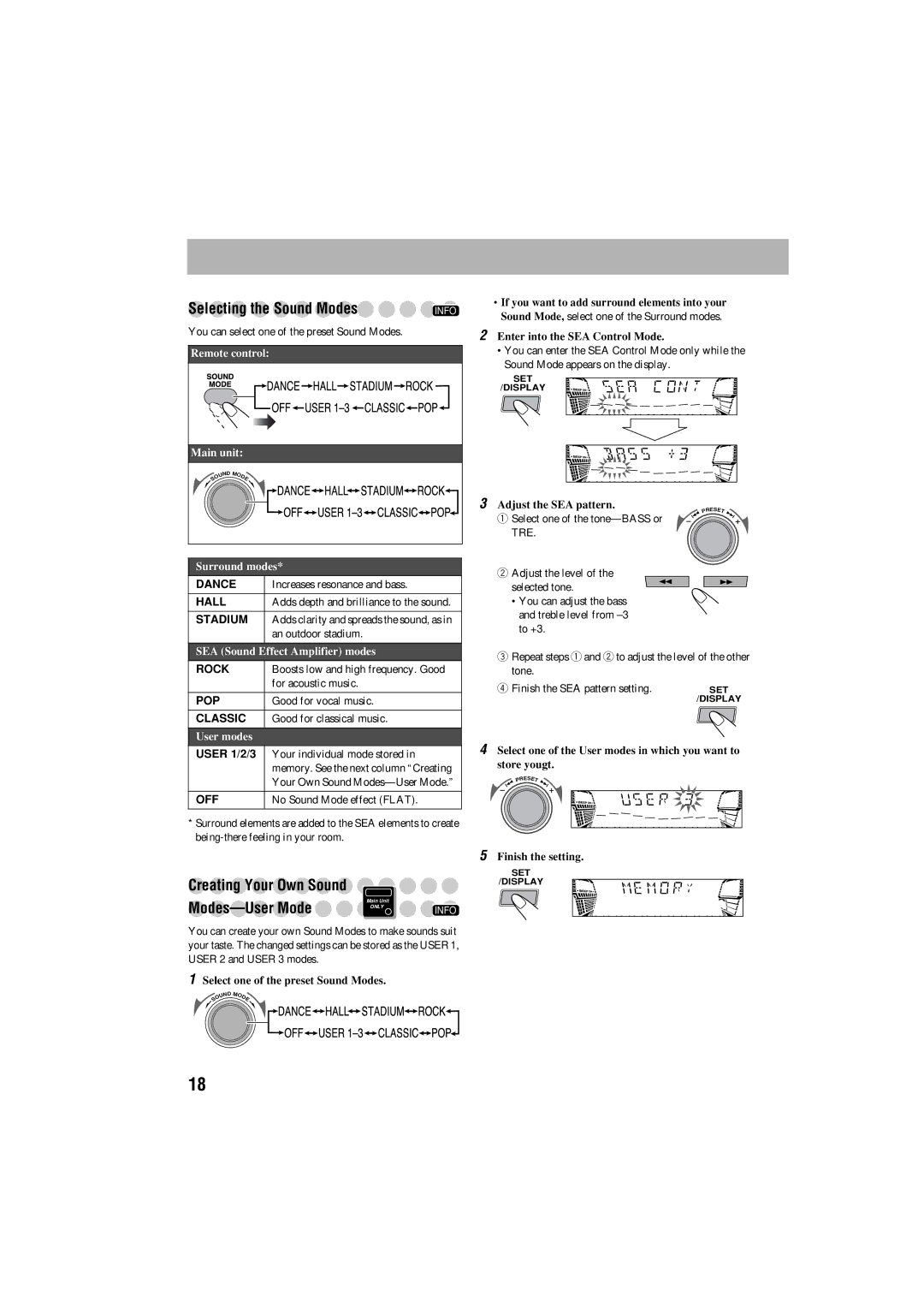 JVC GVT0125-003A manual Selecting the Sound Modes, Creating Your Own Sound, User 1/2/3 