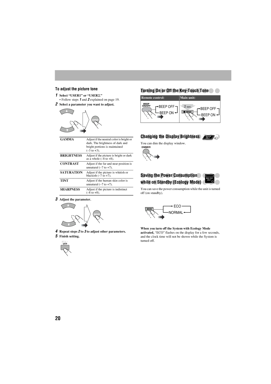 JVC GVT0125-003A Turning On or Off the Key-Touch Tone, Changing the Display Brightness Remote, To adjust the picture tone 