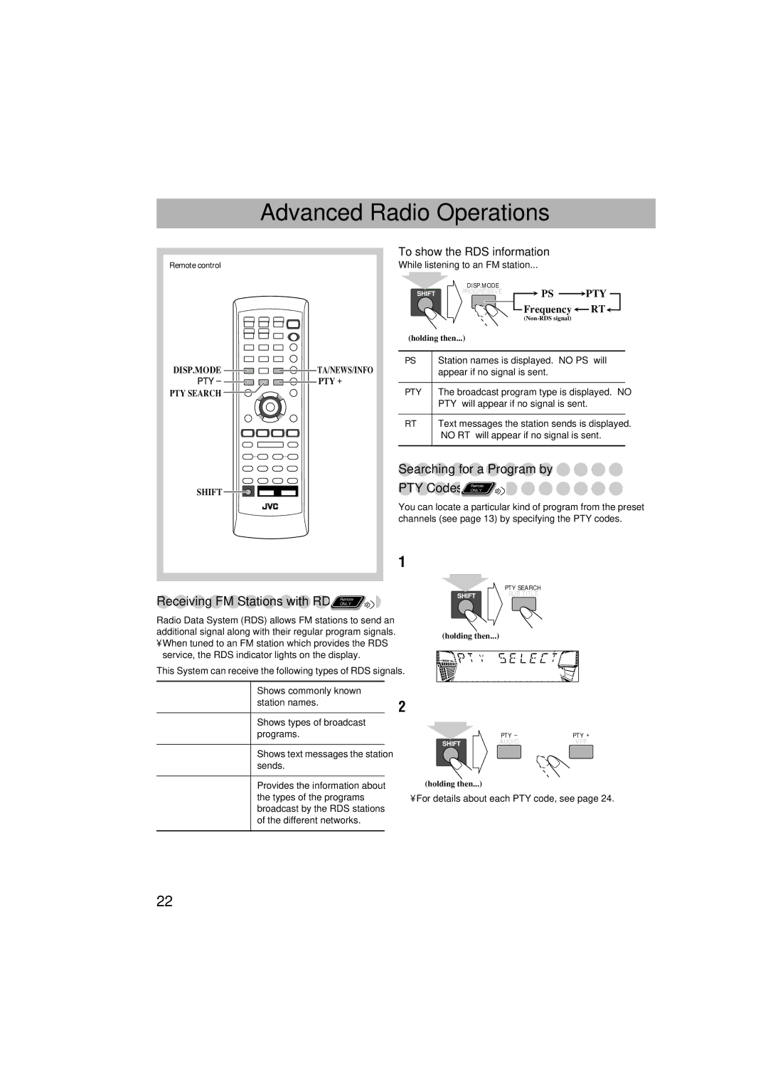 JVC GVT0125-003A manual Advanced Radio Operations, Searching for a Program by, To show the RDS information 