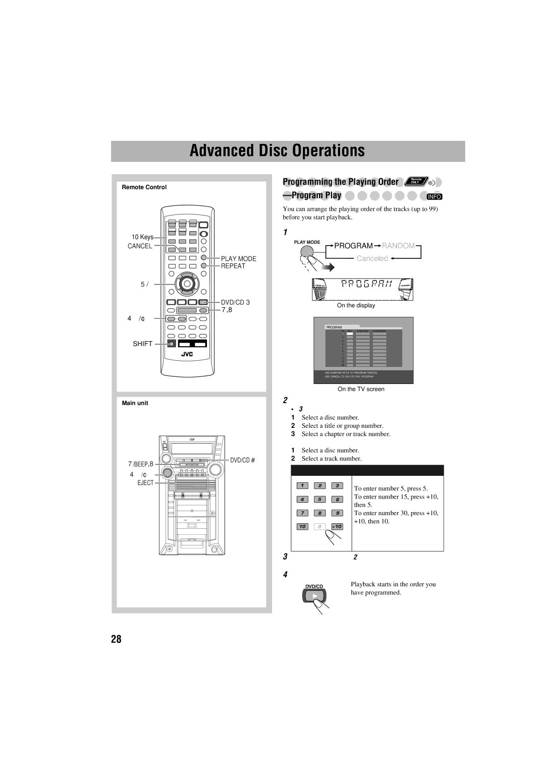 JVC GVT0125-003A manual Advanced Disc Operations, Before starting playback, activate Program Play, For SVCD/VCD/CD 