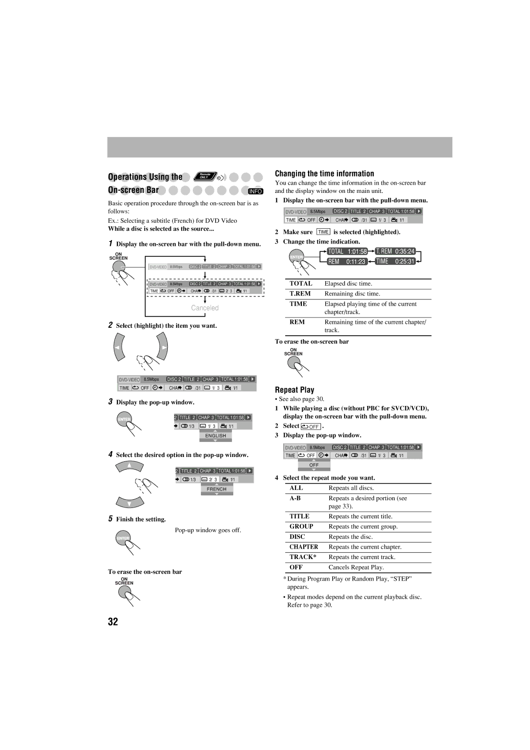 JVC GVT0125-003A manual Operations Using, On-screen Bar, Changing the time information 