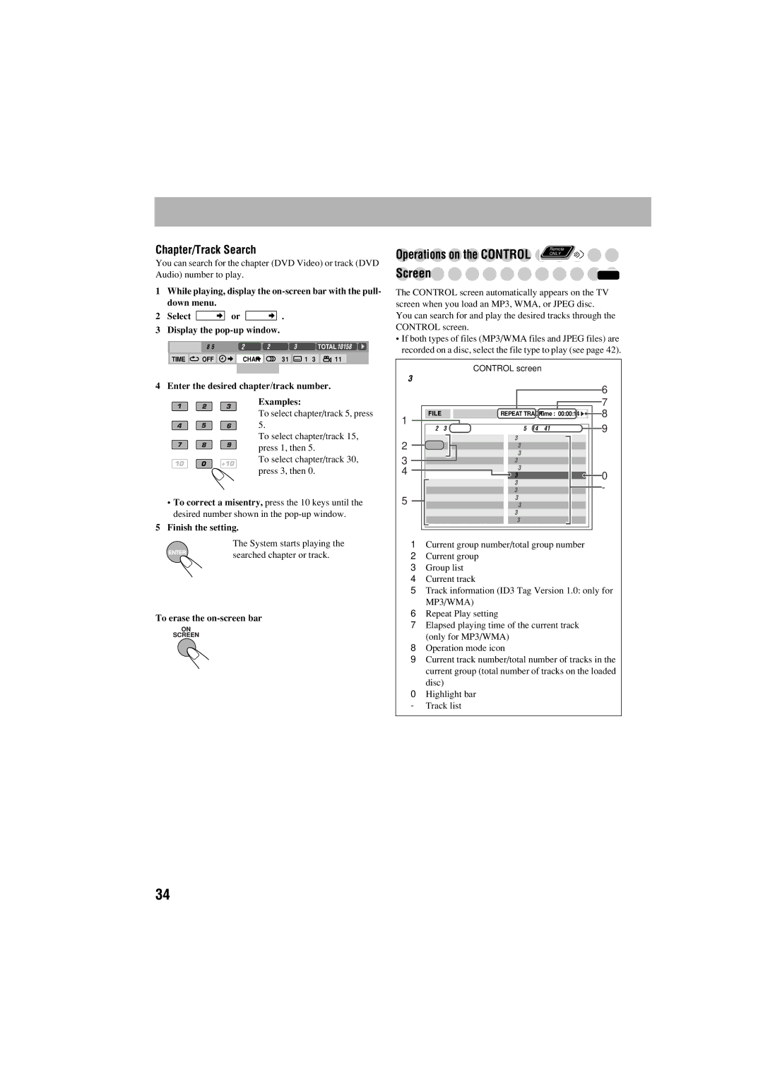 JVC GVT0125-003A manual Chapter/Track Search, Enter the desired chapter/track number Examples 