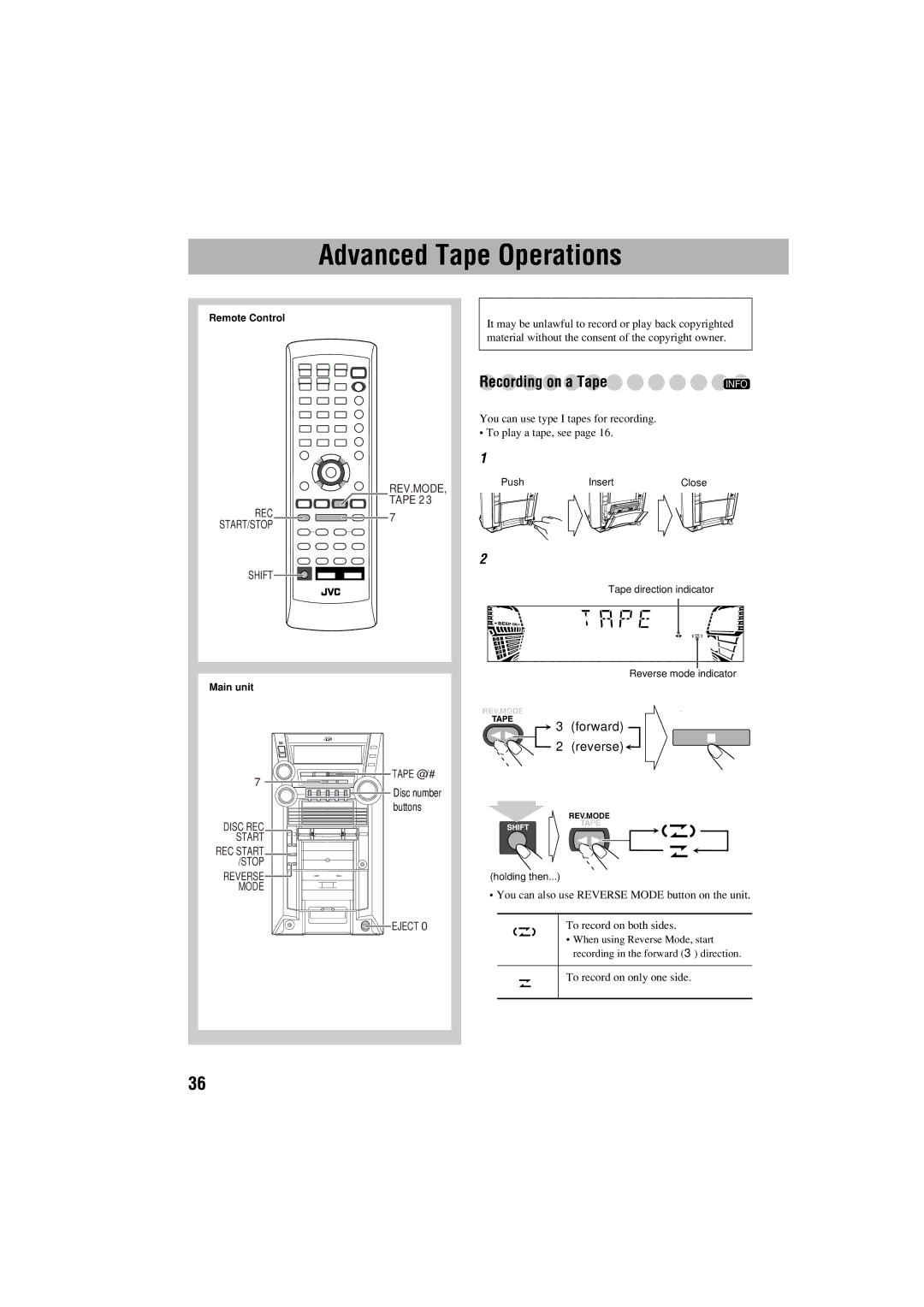 JVC GVT0125-003A Advanced Tape Operations, Recording on a Tape, Insert a recordable cassette, To change the direction 