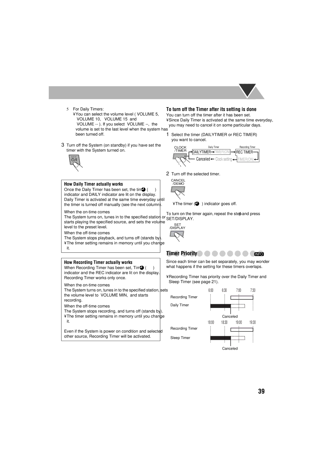 JVC GVT0125-003A manual Timer Priority, To turn off the Timer after its setting is done, How Daily Timer actually works 