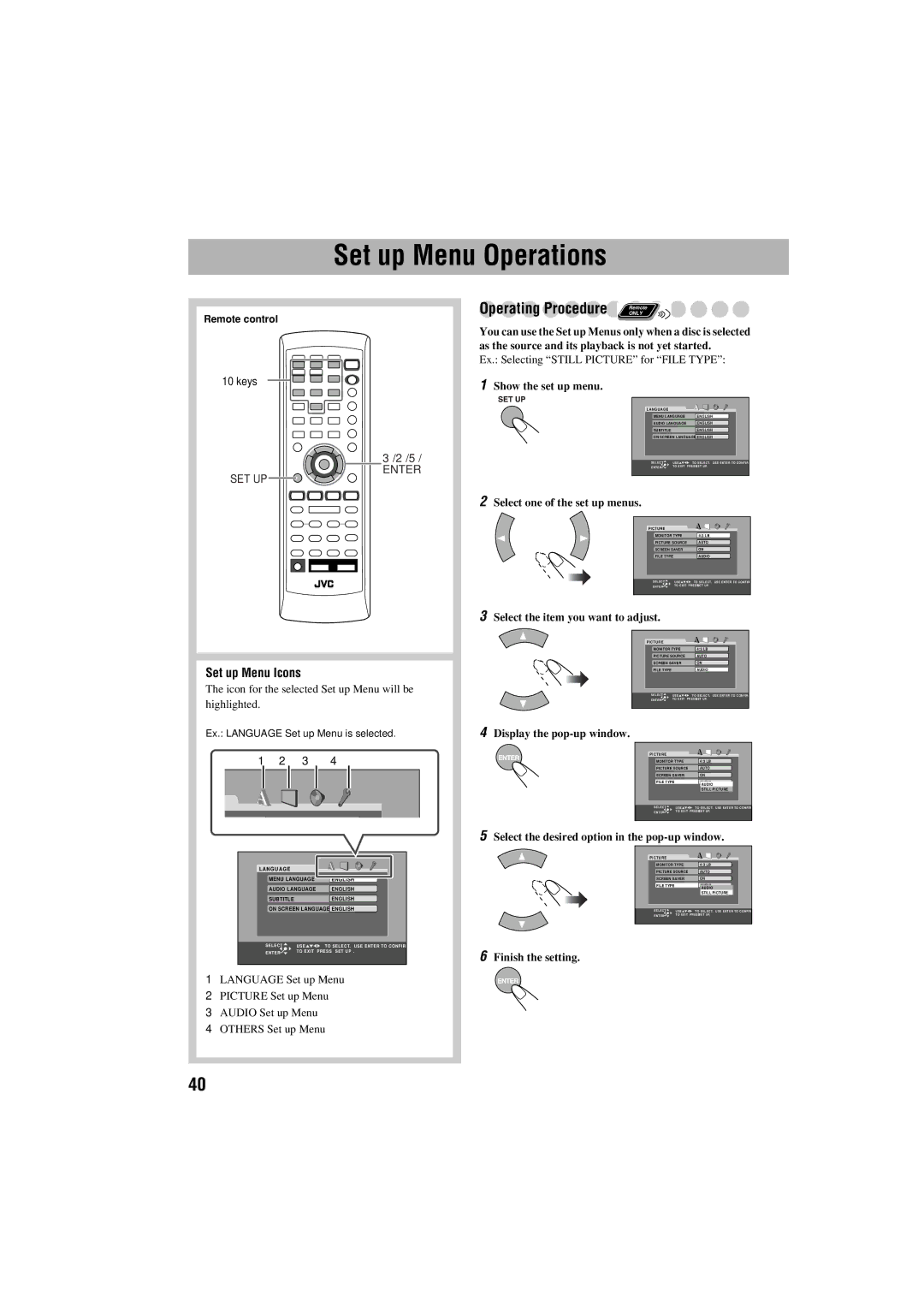 JVC GVT0125-003A manual Set up Menu Operations, Operating Procedure Remote, Set up Menu Icons 