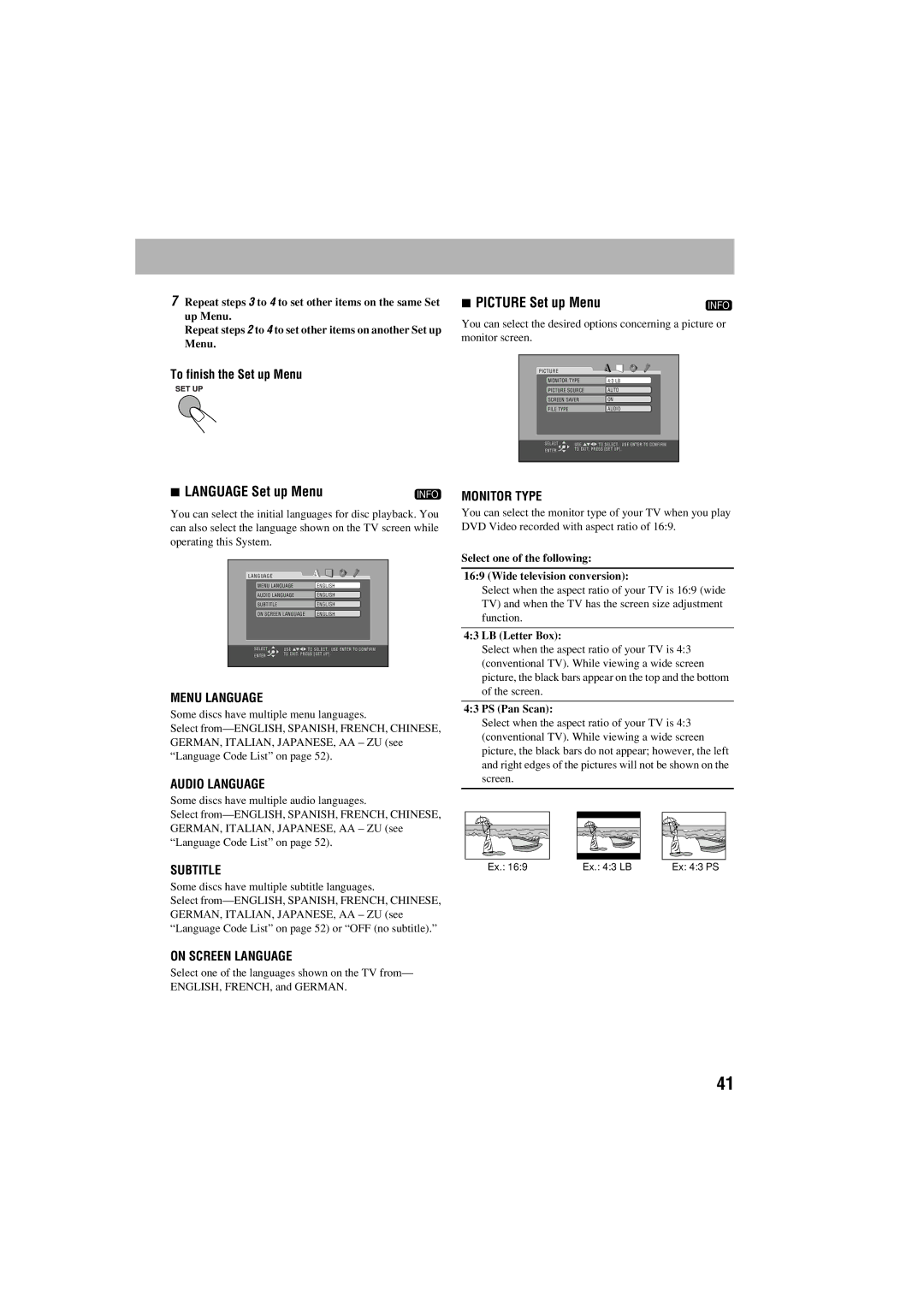 JVC GVT0125-003A manual To finish the Set up Menu, Select one of the following Wide television conversion, LB Letter Box 