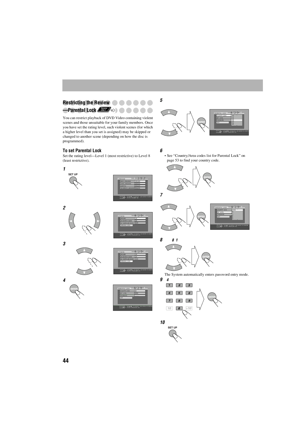 JVC GVT0125-003A manual Restricting the Review, Parental Lock only, To set Parental Lock 