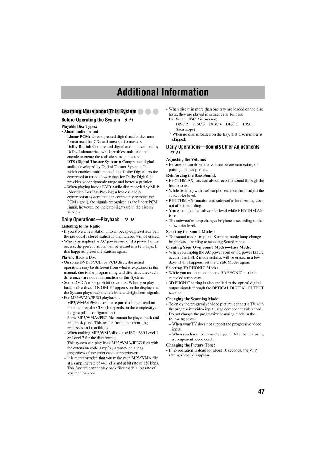 JVC GVT0125-003A manual Additional Information, Learning More about This System, Daily Operations-Sound&Other Adjustments 