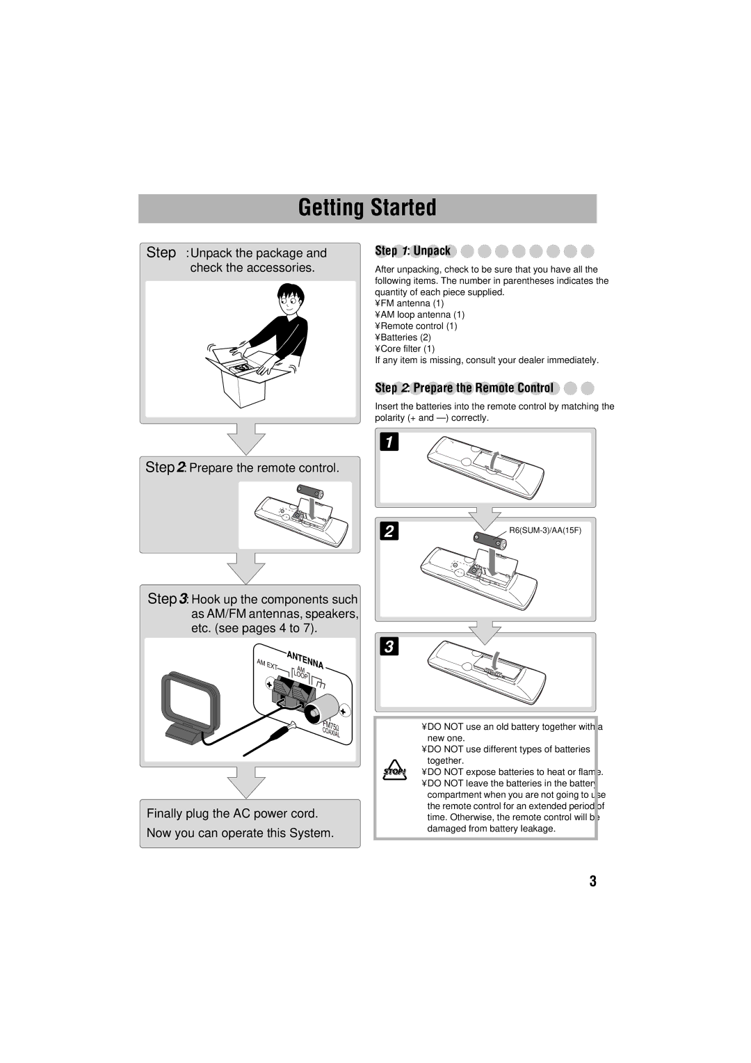 JVC GVT0125-003A manual Getting Started, Unpack, Prepare the Remote Control 