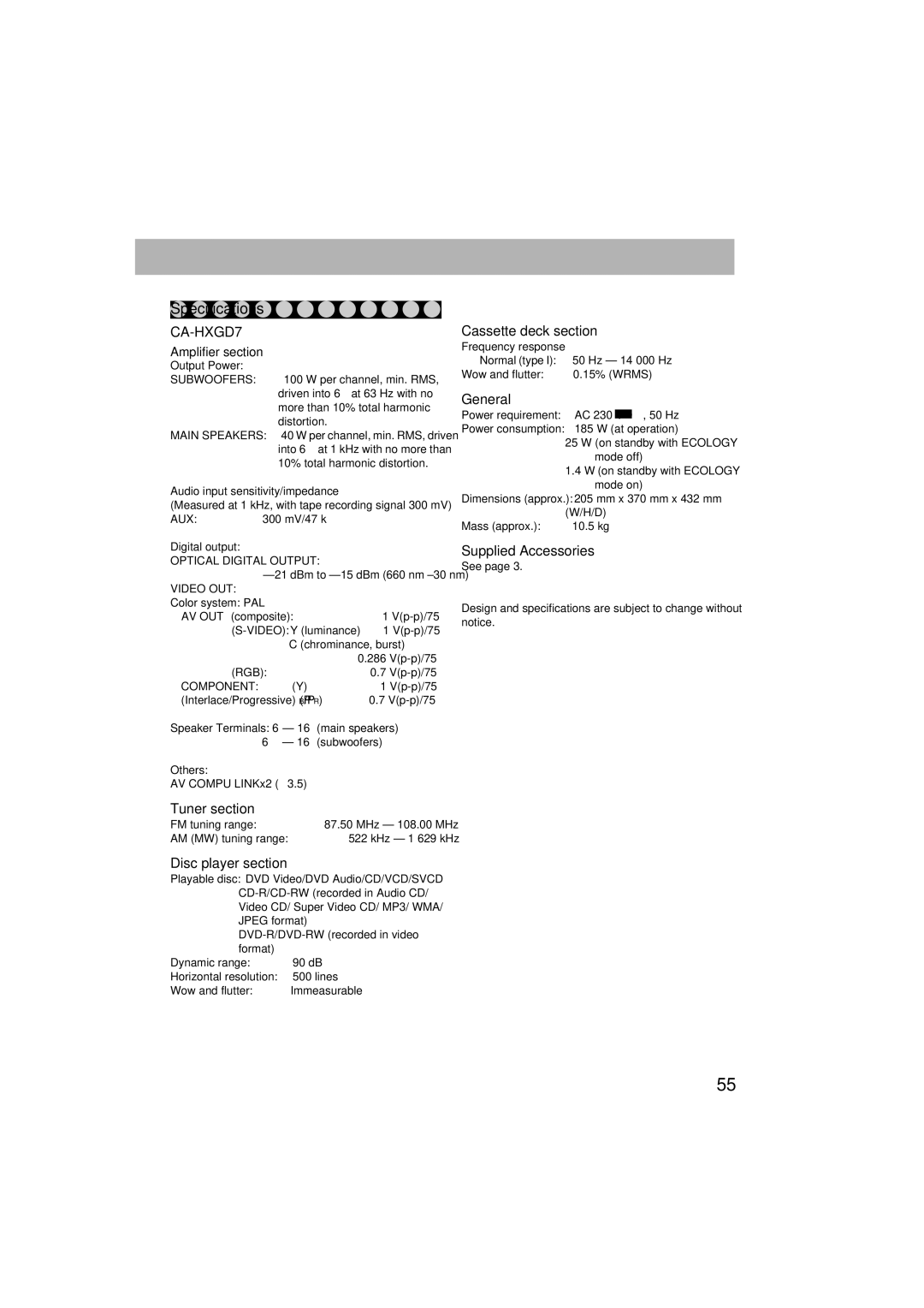 JVC GVT0125-003A manual Specifications, Tuner section, Disc player section, Cassette deck section, Supplied Accessories 