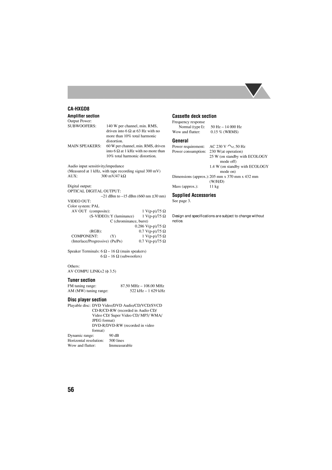 JVC GVT0125-003A manual Wow and flutter 15 % Wrms, Dimensions approx.205 mm x 370 mm x 432 mm Mass approx 11 kg 