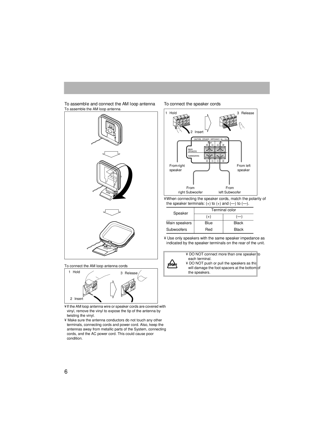 JVC GVT0125-003A manual To connect the speaker cords, To assemble and connect the AM loop antenna, Subwoofers Red Black 