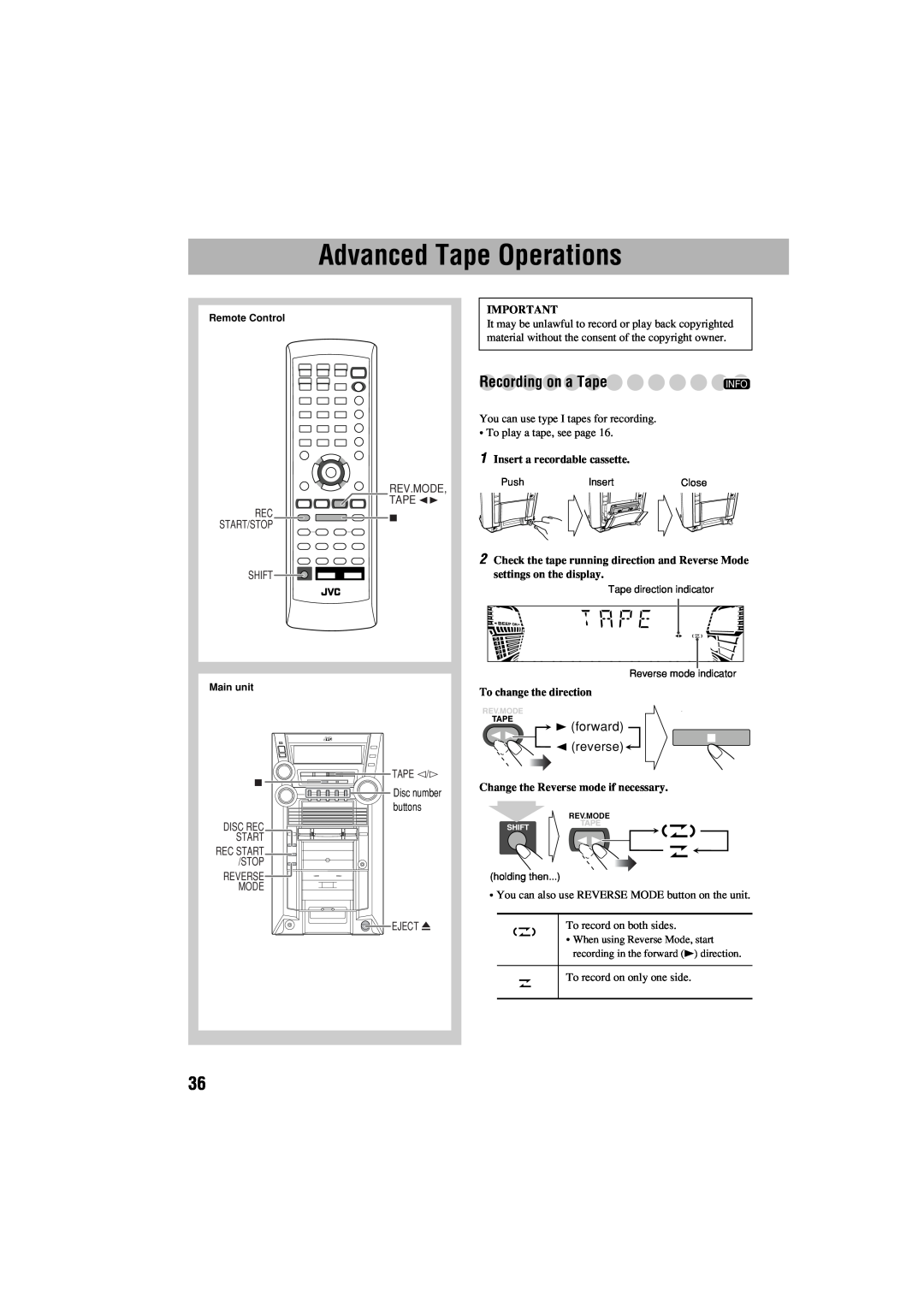 JVC GVT0125-003A Advanced Tape Operations, Recording on a Tape, forward 2 reverse, Rev.Mode Tape, Shift, Tape @/#, Eject 