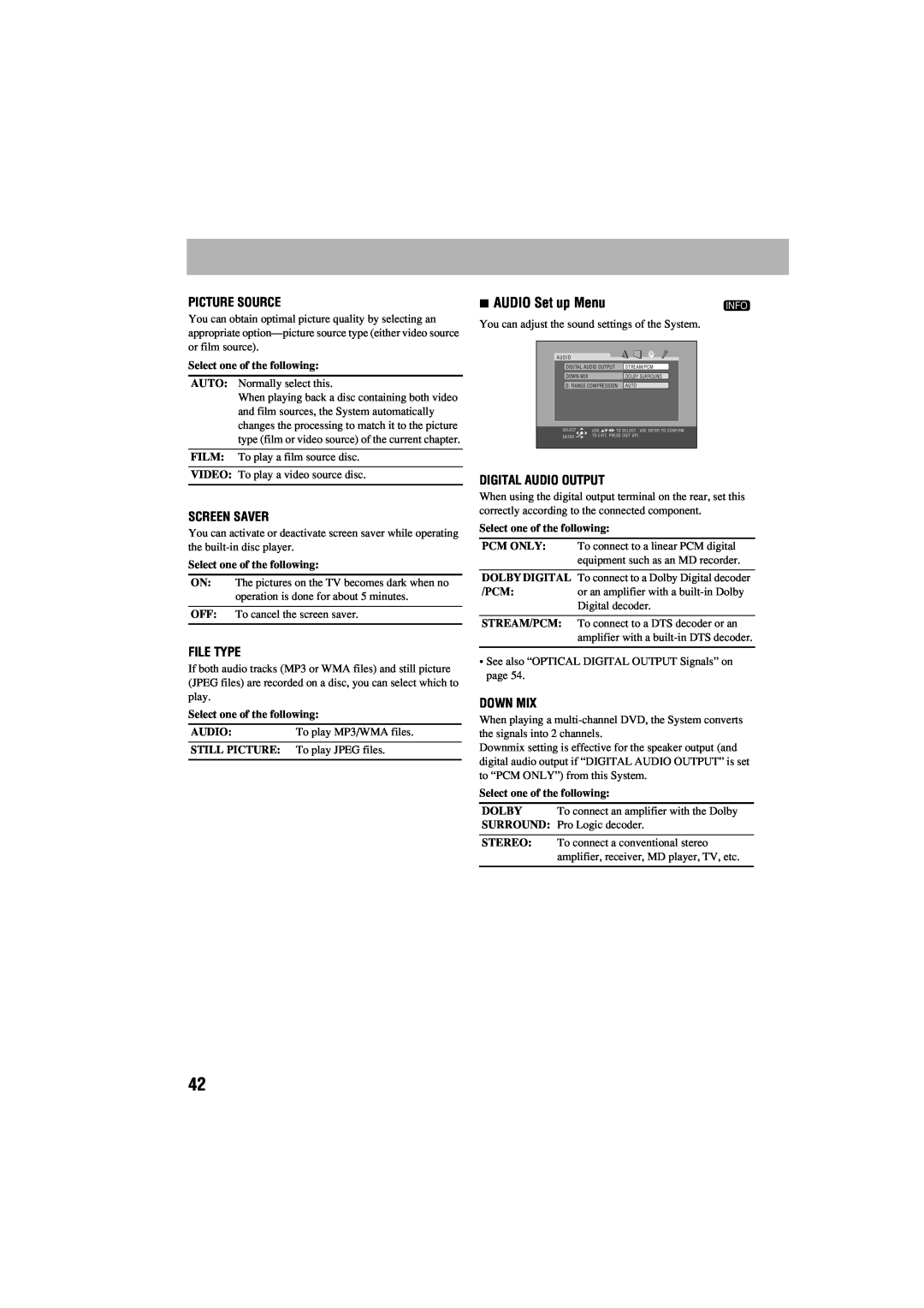 JVC GVT0125-003A manual AUDIO Set up Menu, Picture Source, Screen Saver, File Type, Digital Audio Output, Down Mix 