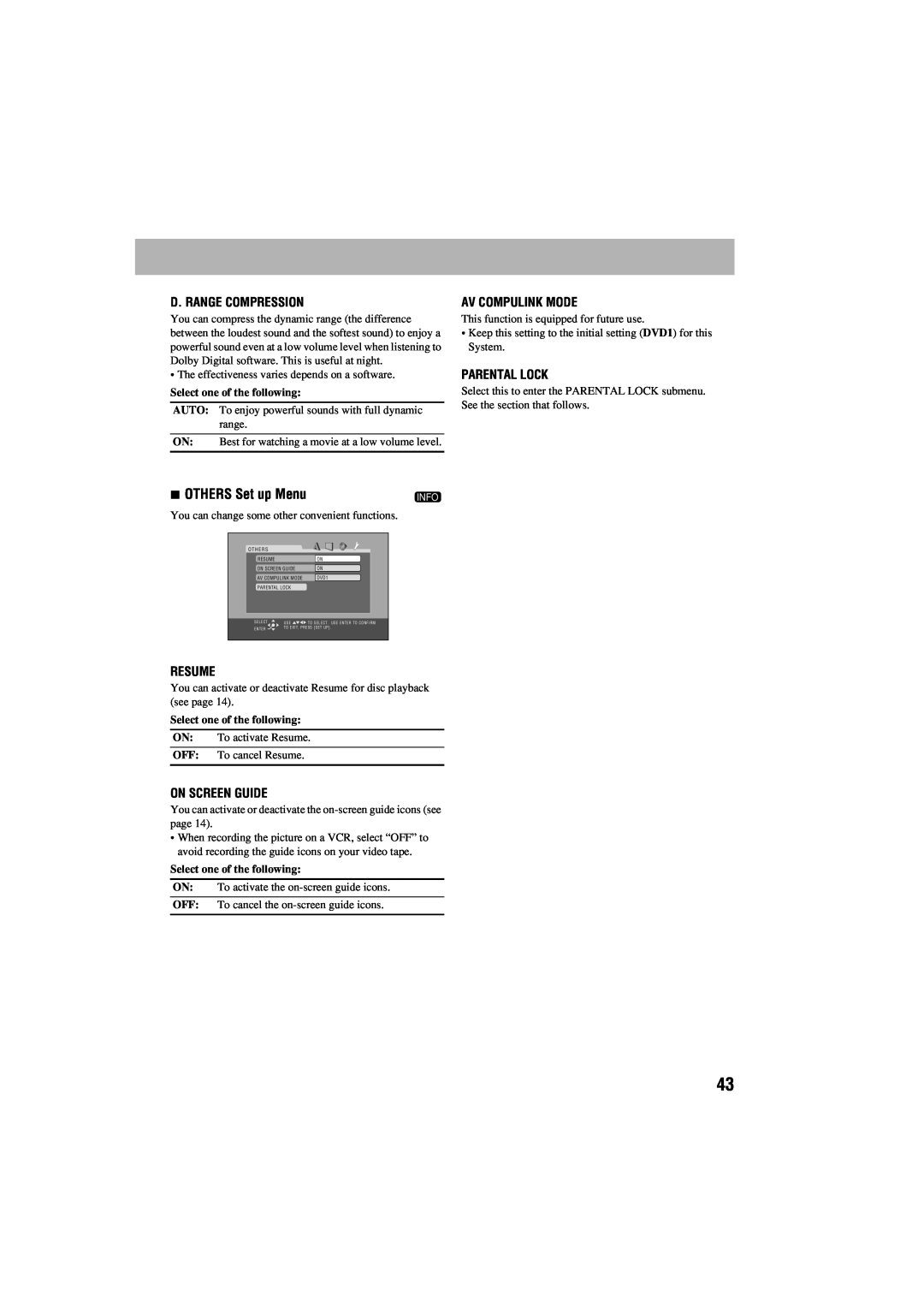 JVC GVT0125-003A manual OTHERS Set up Menu, D. Range Compression, Av Compulink Mode, Parental Lock, Resume, On Screen Guide 