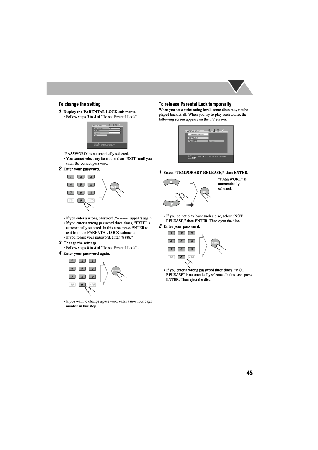 JVC GVT0125-003A manual To change the setting, To release Parental Lock temporarily, 1Display the PARENTAL LOCK sub menu 