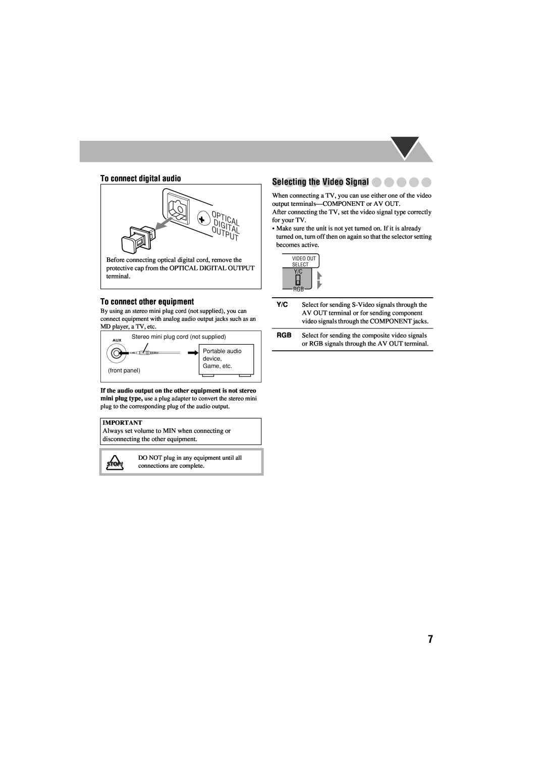 JVC GVT0125-003A Selecting the Video Signal, To connect digital audio, To connect other equipment, Optical Digital Output 