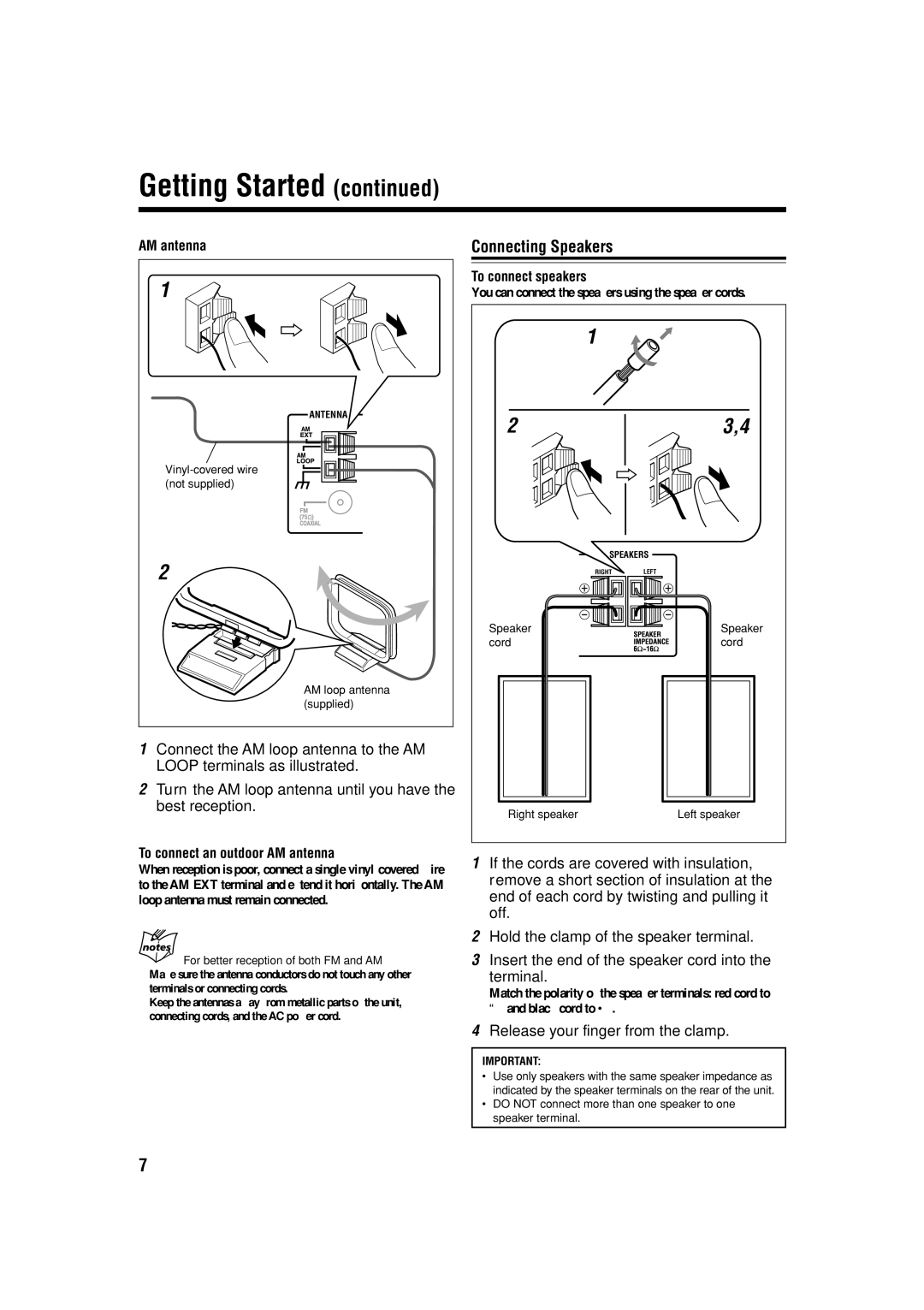 JVC GVT0134-001B, CA-FSS57 Connecting Speakers, Release your finger from the clamp, To connect an outdoor AM antenna 