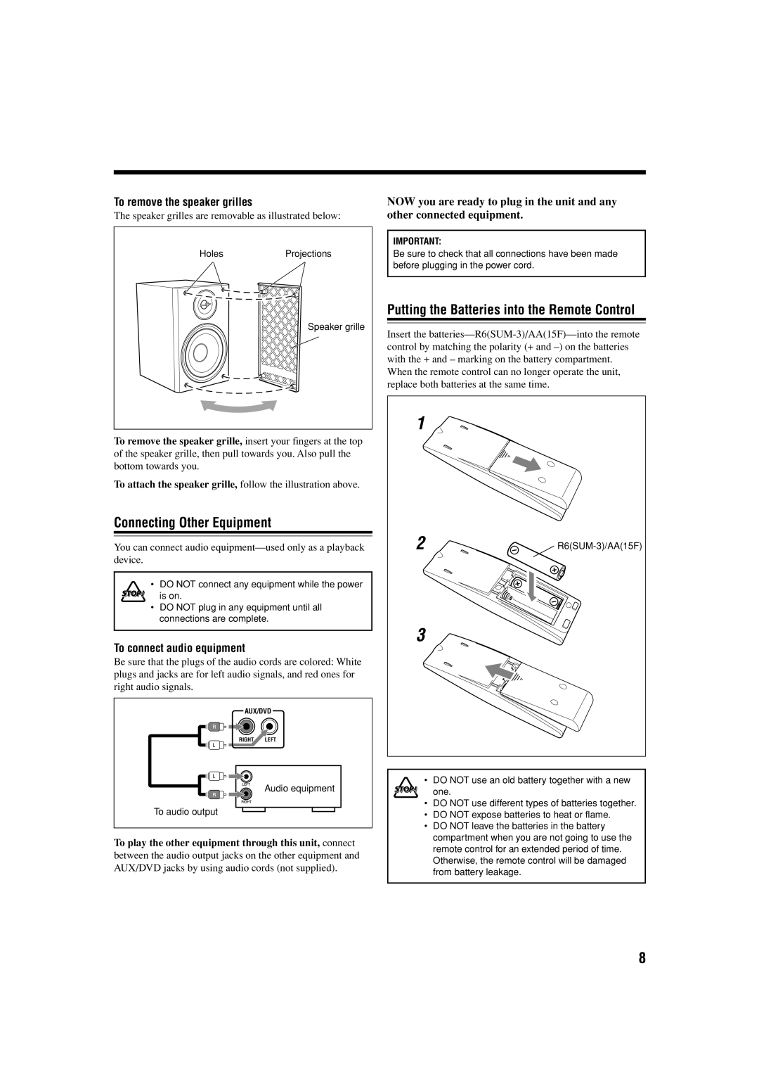 JVC CA-FSS57 Connecting Other Equipment, Putting the Batteries into the Remote Control, To remove the speaker grilles 