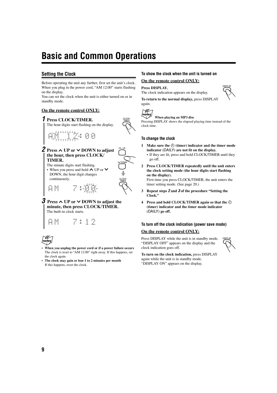 JVC GVT0134-001B, CA-FSS57 manual Basic and Common Operations, Setting the Clock, On the remote control only 