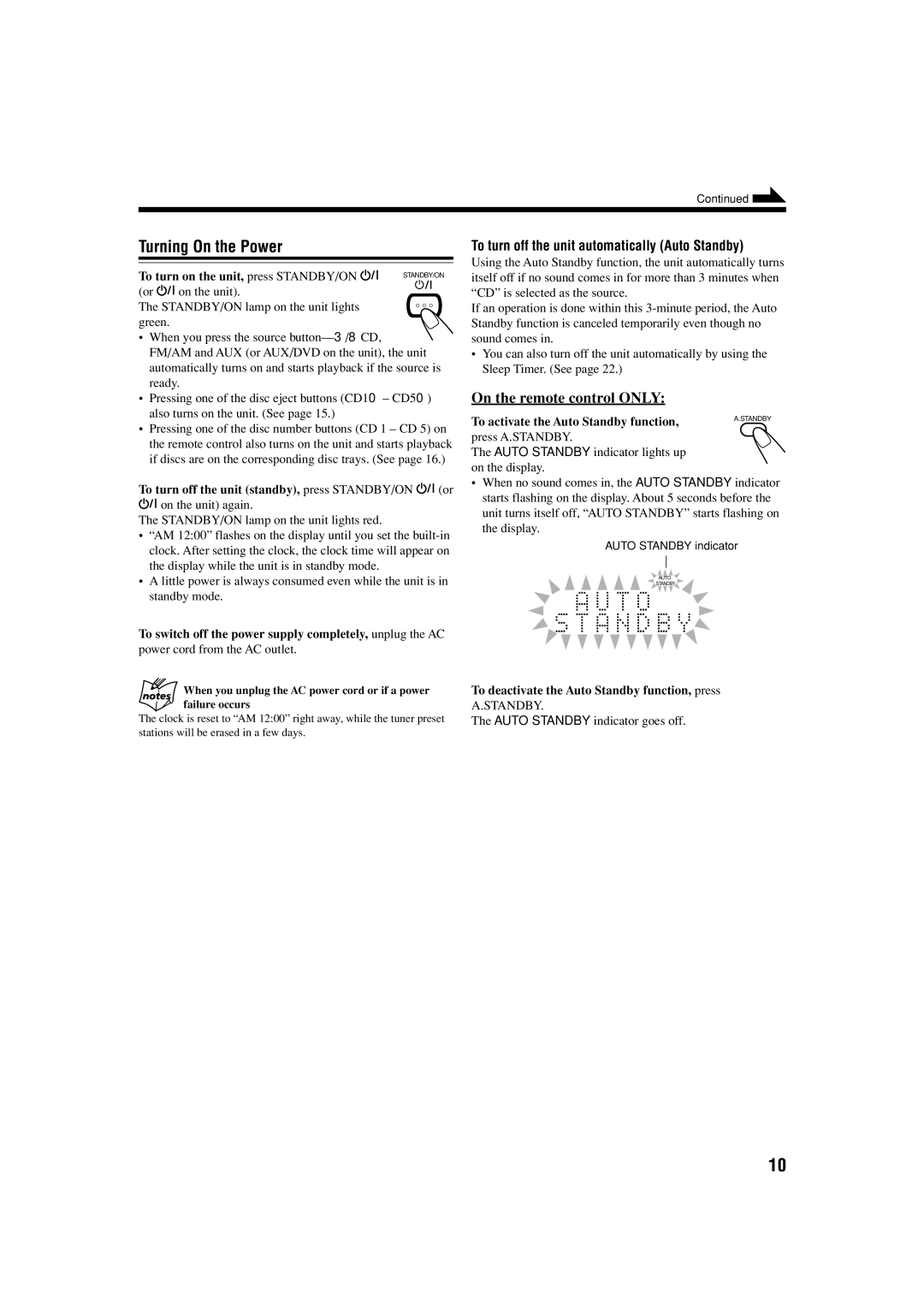 JVC CA-FSS57, GVT0134-001B manual Turning On the Power, To turn off the unit automatically Auto Standby 