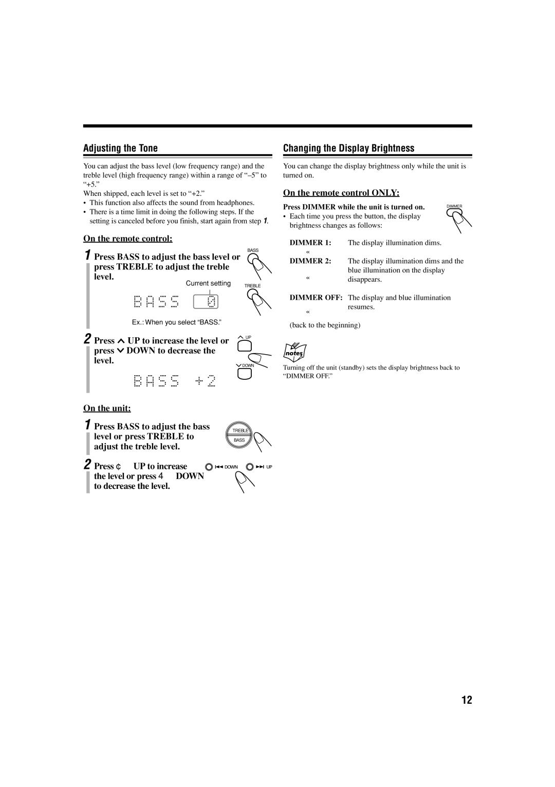 JVC CA-FSS57, GVT0134-001B manual Adjusting the Tone, Changing the Display Brightness 