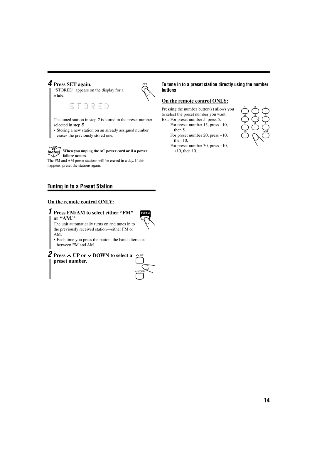 JVC CA-FSS57, GVT0134-001B Tuning in to a Preset Station, Press SET again, Press UP or Down to select a UP preset number 