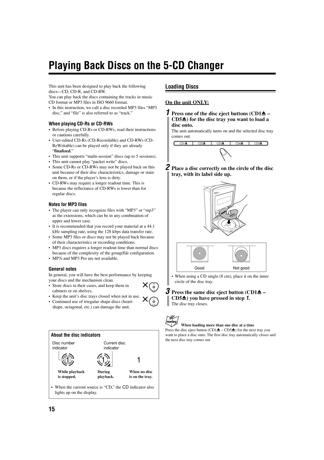 JVC GVT0134-001B manual Playing Back Discs on the 5-CD Changer, Loading Discs, When playing CD-Rs or CD-RWs, General notes 