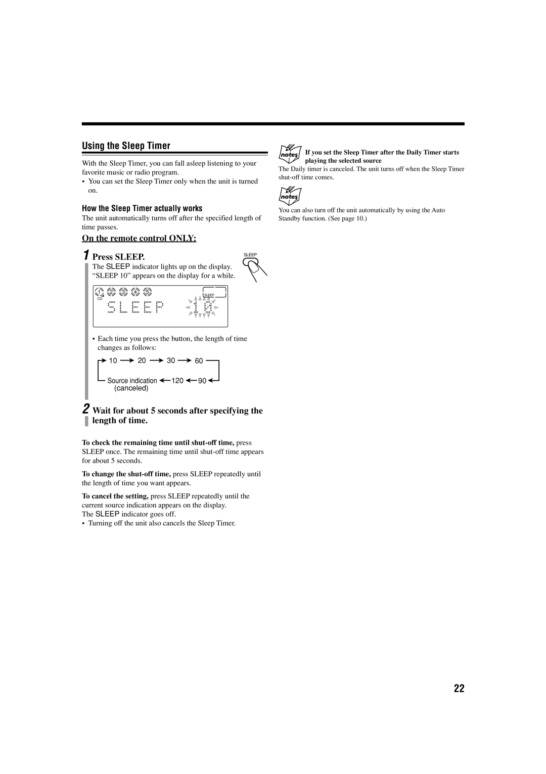 JVC CA-FSS57 manual Using the Sleep Timer, On the remote control only Press Sleep, How the Sleep Timer actually works 