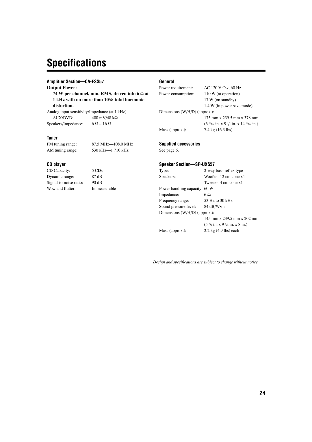 JVC GVT0134-001B manual Specifications, Amplifier Section-CA-FSS57 General, Tuner, CD player Speaker Section-SP-UXS57 