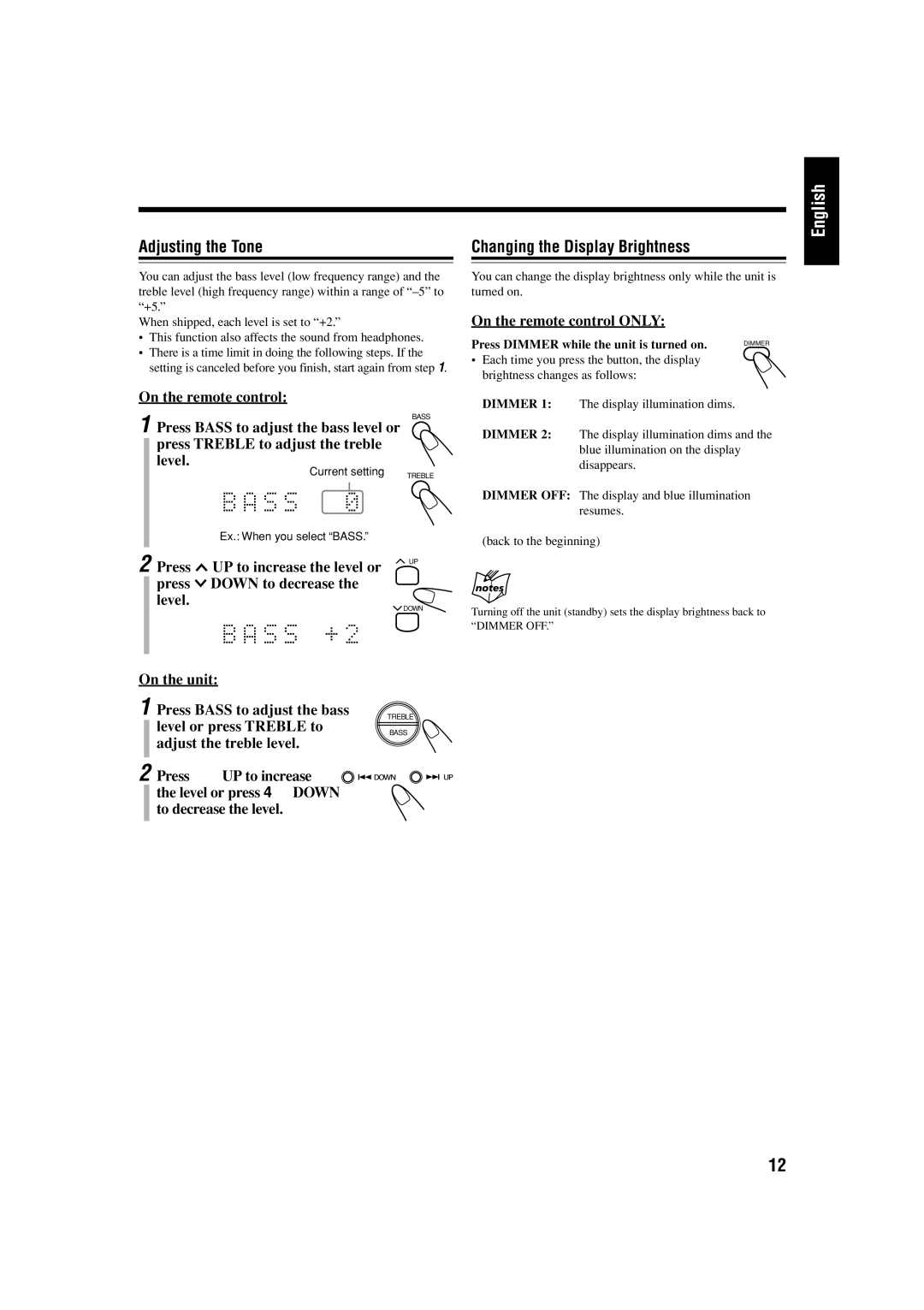 JVC CA-FSS57, GVT0134-001B manual Adjusting the Tone 