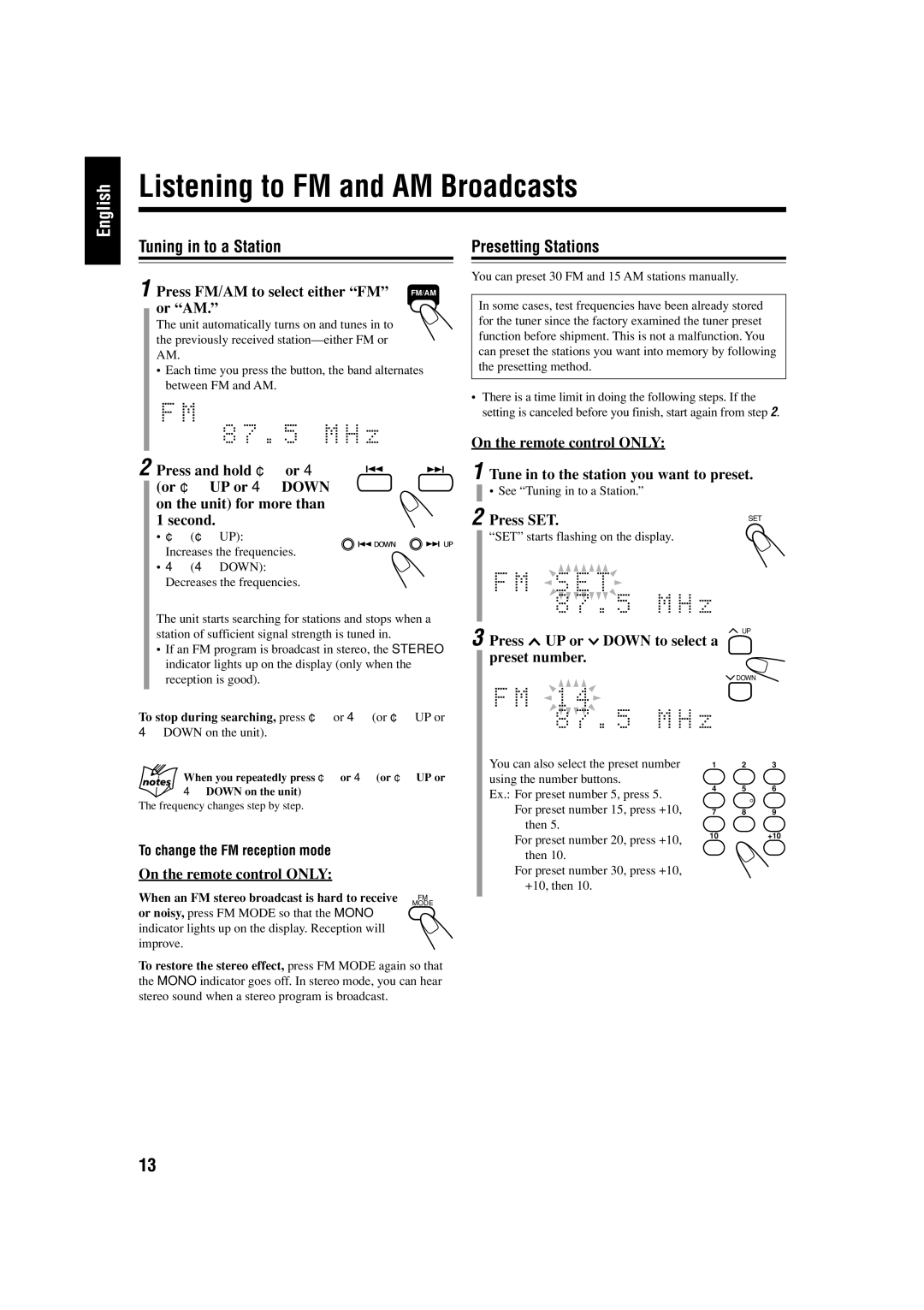 JVC GVT0134-001B, CA-FSS57 manual Listening to FM and AM Broadcasts 