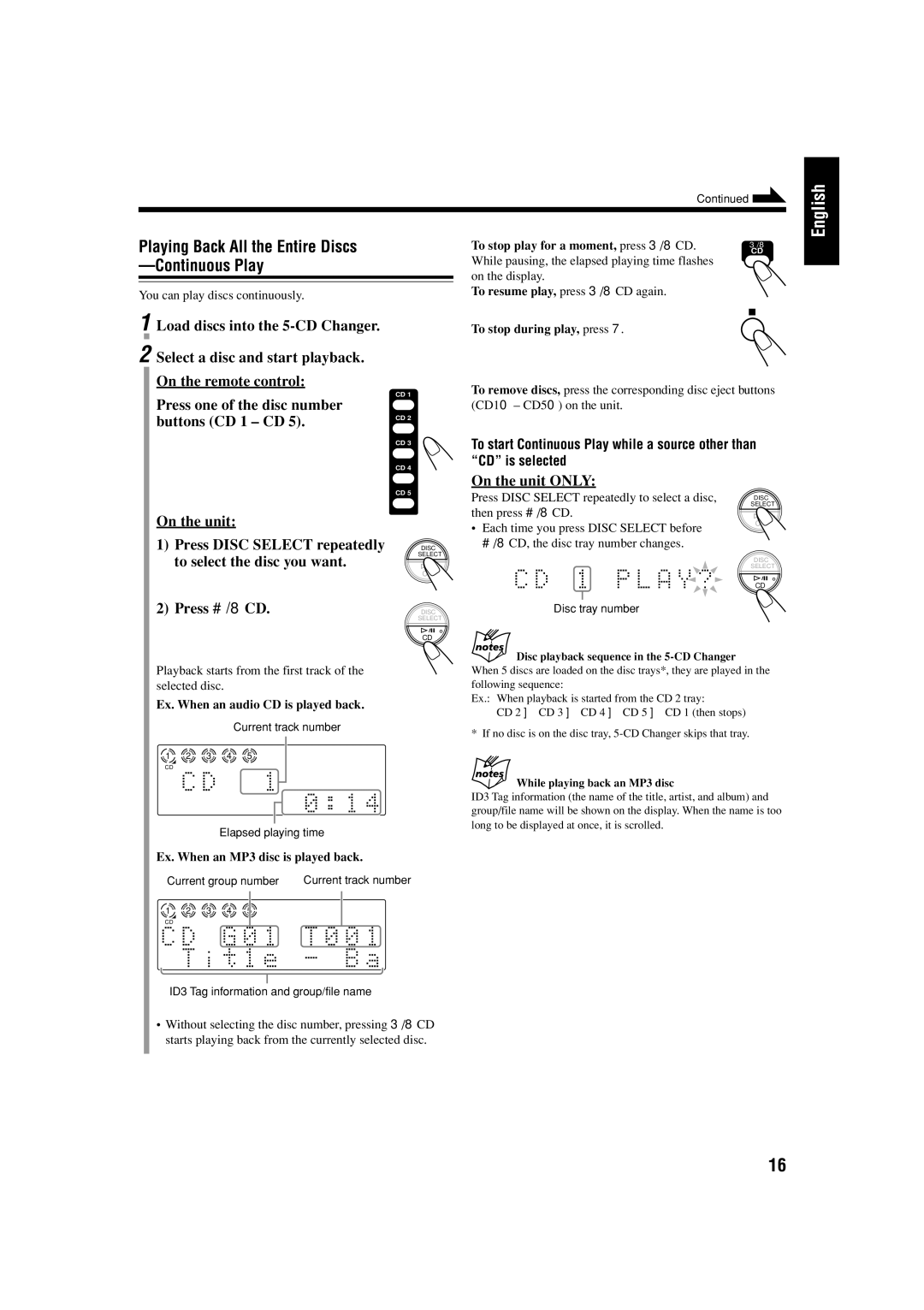 JVC CA-FSS57, GVT0134-001B manual On the unit Press Disc Select repeatedly, To select the disc you want, Press #/ 8 CD 