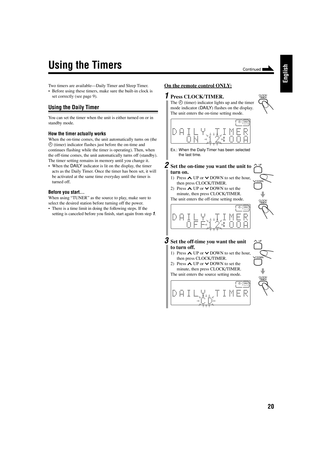 JVC CA-FSS57, GVT0134-001B manual Using the Timers 