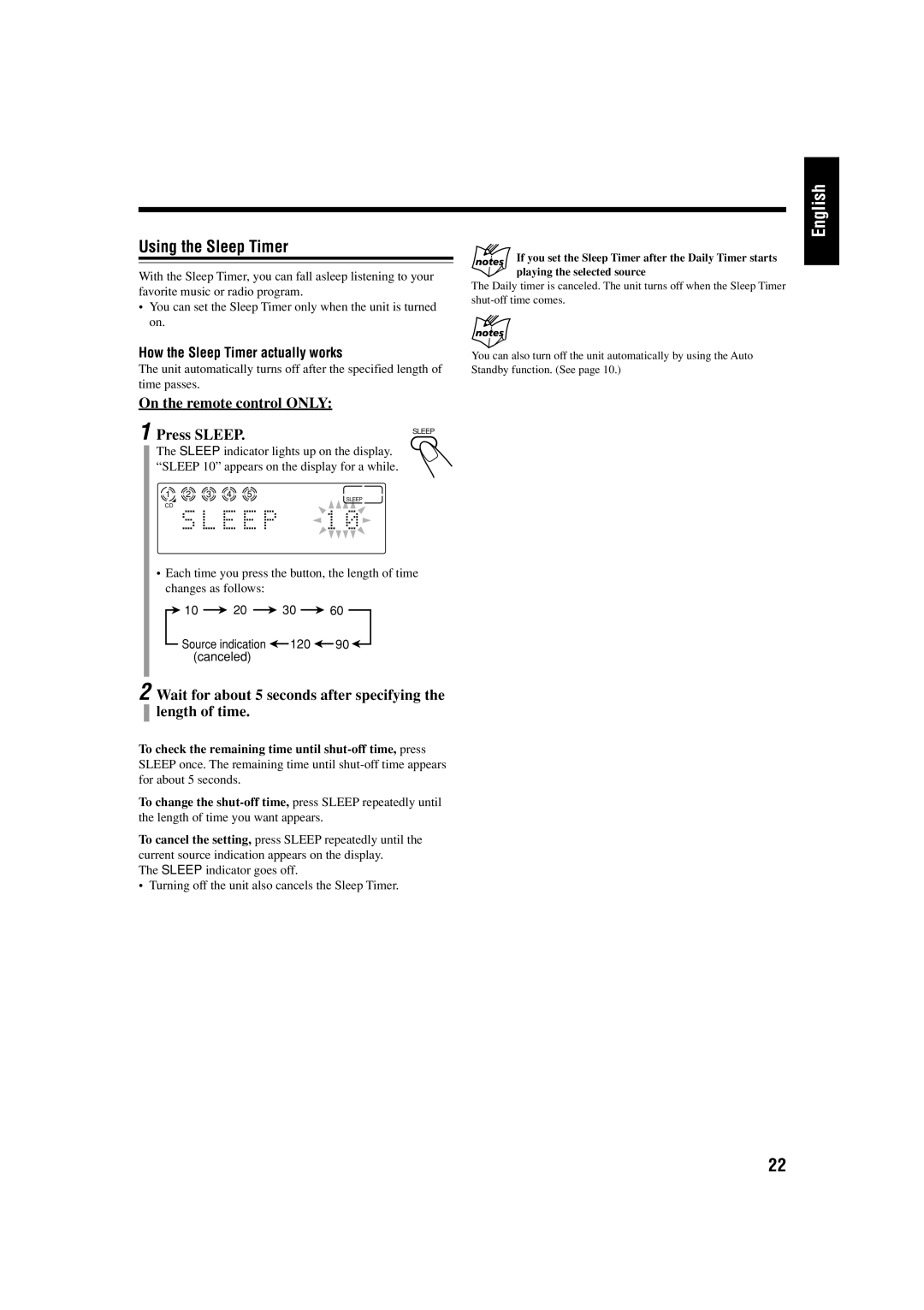 JVC CA-FSS57, GVT0134-001B manual Using the Sleep Timer 