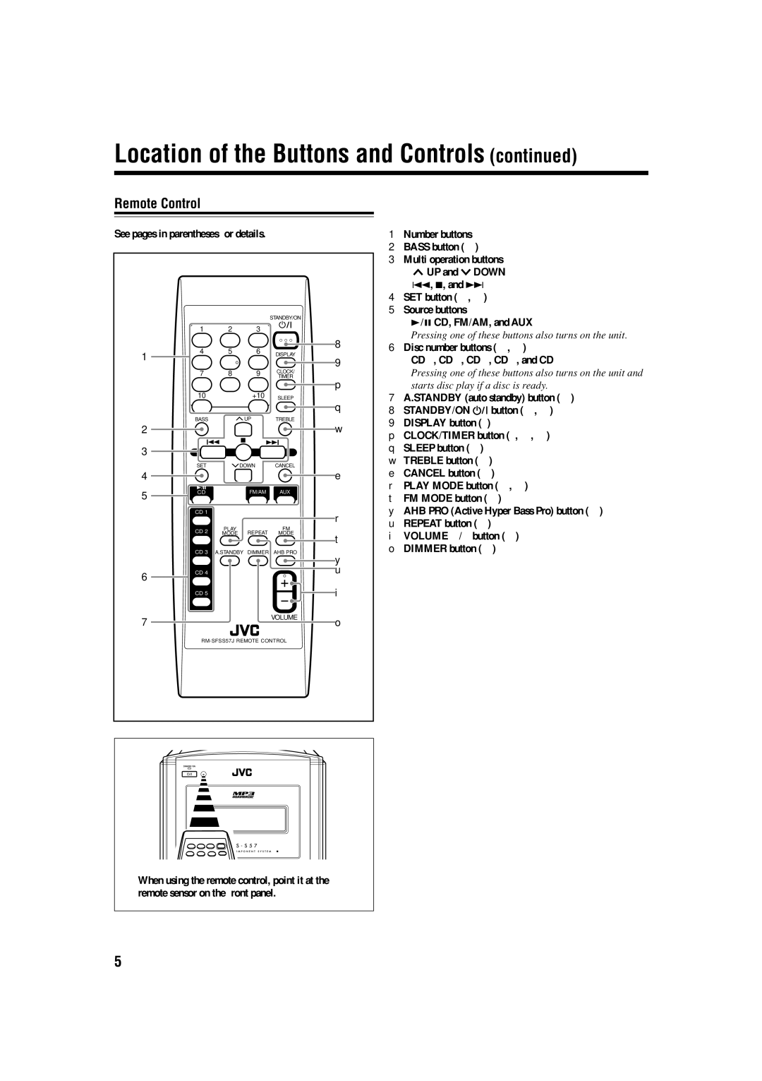 JVC GVT0134-001B, CA-FSS57 manual Remote Control, See pages in parentheses for details 