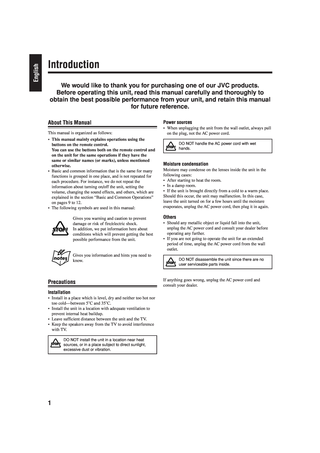 JVC GVT0134-001B English, Introduction, About This Manual, Precautions, Installation, Power sources, Moisture condensation 