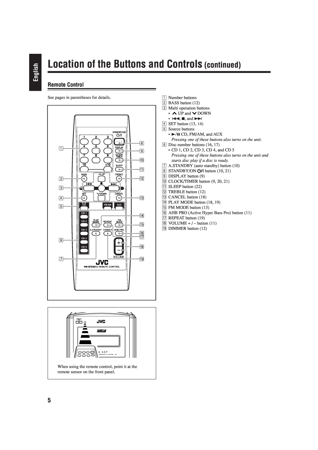 JVC GVT0134-001B, CA-FSS57 manual Location of the Buttons and Controls continued, English, Remote Control 